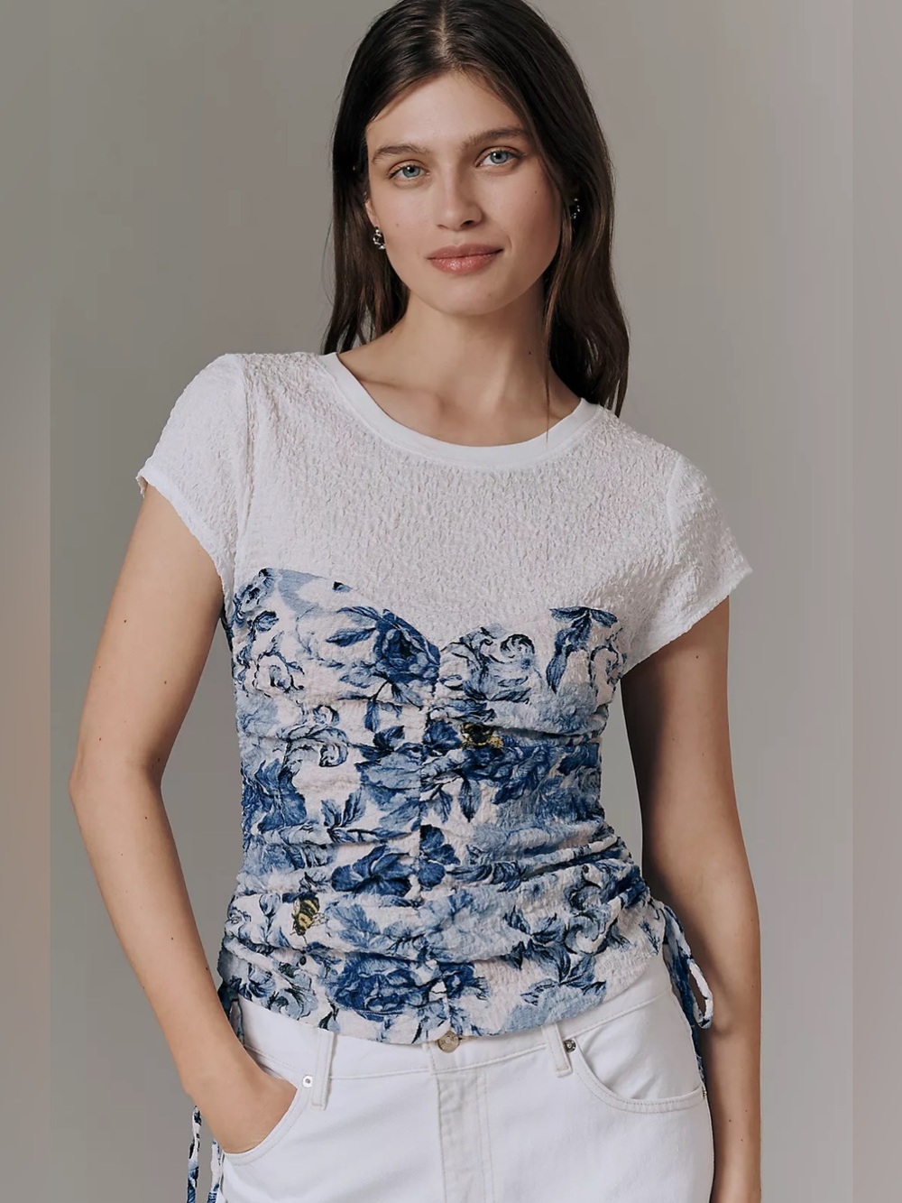 Maeve Ruched Corset Short-Sleeve Top | XSmall | Blue Floral